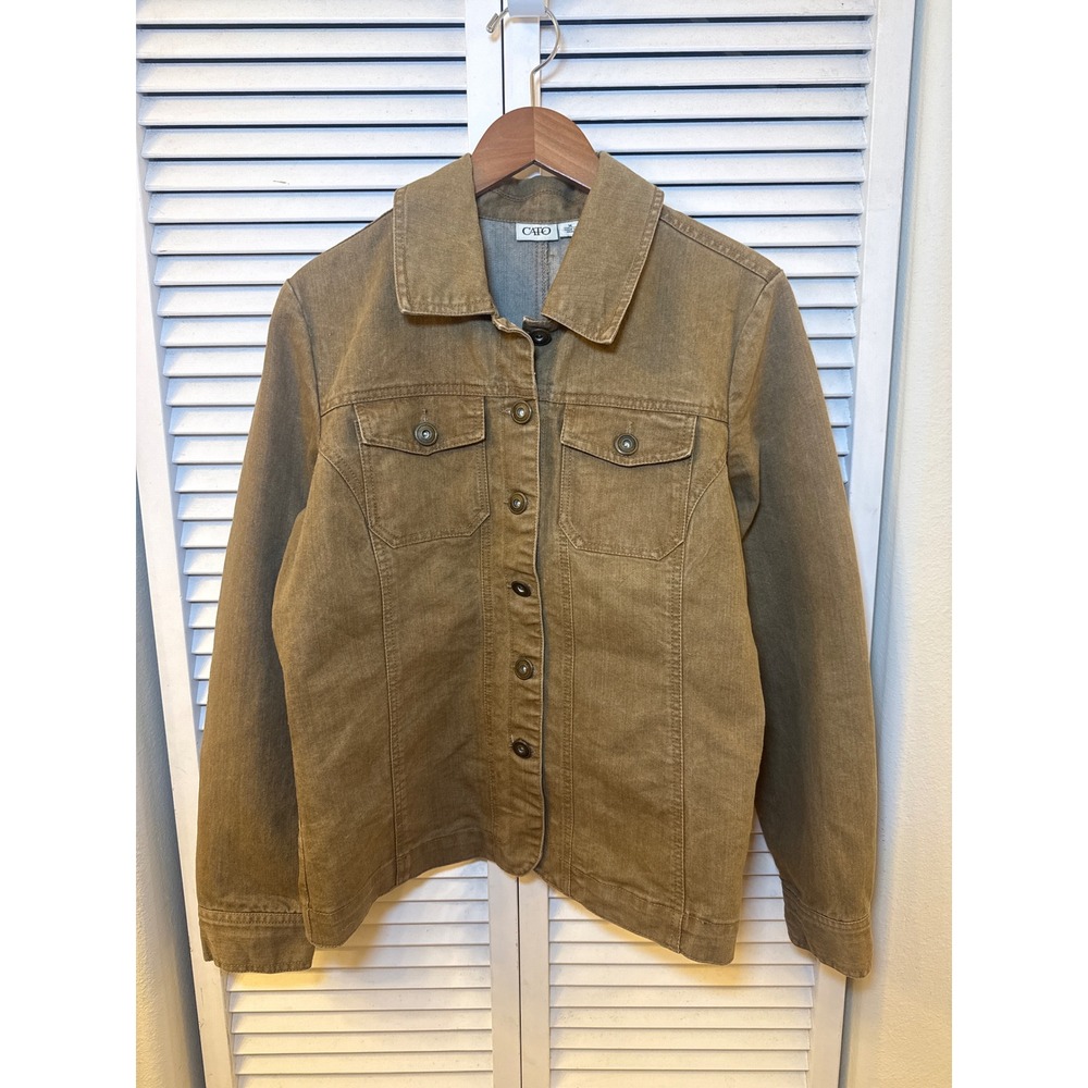 Cato Women Tan Khaki Denim Trucker Jacket Size Medium Brown Button Up Coat